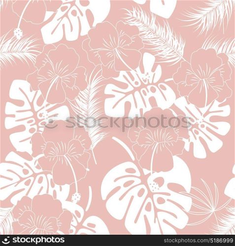 Seamless tropical pattern with white monstera leaves and flowers on pink background, vector illustration