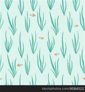 Seamless underwater pattern with long algae and clown fish, marine life, ocean flora and fauna for decoration, paper, background, wallpaper. Underwater pattern with long algae and clown fish