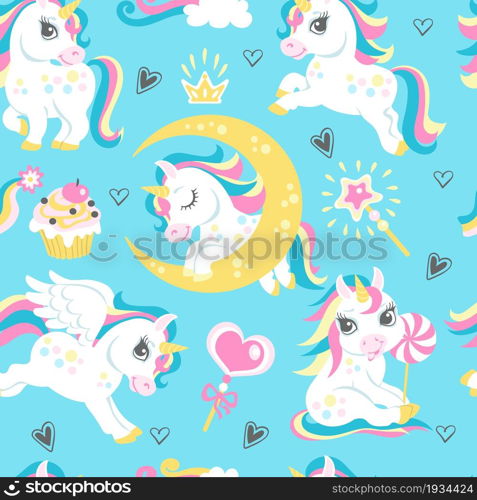 Seamless unicorns pattern. Cute animals background. Fairy tale characters. Funny sweet kids horses with rainbow manes, horns and wings. Cartoon Pegasus play or sleep. Vector blue girly print template. Seamless unicorns pattern. Cute animals background. Fairy tale characters. Funny kids horses with rainbow manes, horns and wings. Cartoon Pegasus play or sleep. Vector girly print template