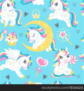 Seamless unicorns pattern. Cute animals background. Fairy tale characters. Funny sweet kids horses with rainbow manes, horns and wings. Cartoon Pegasus play or sleep. Vector blue girly print template. Seamless unicorns pattern. Cute animals background. Fairy tale characters. Funny kids horses with rainbow manes, horns and wings. Cartoon Pegasus play or sleep. Vector girly print template