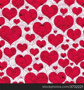Seamless valentine background with red hearts and lacy vintage pattern (vector EPS 10)