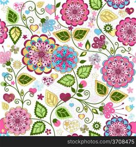 Seamless valentine pattern with colorful flowers and butterflies and hearts (vector)