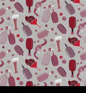 Seamless vector alcohol bottles pattern in red tones. Seamless alco party time vector pattern