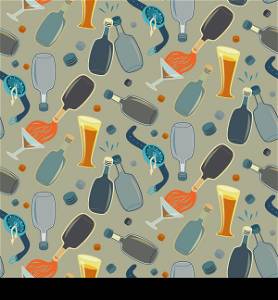 Seamless vector alcohol bottles pattern on sand colored background. Seamless alco party time vector pattern