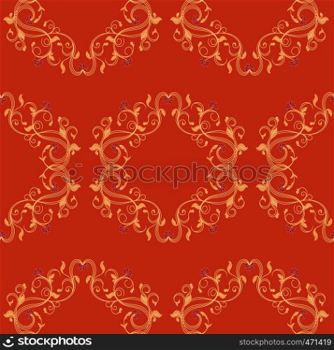 Seamless vector antique floral ornament of Victorian style in orange hues with magenta flowers as a fabric texture