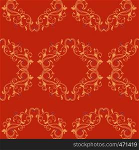 Seamless vector antique floral ornament of Victorian style in orange hues with magenta flowers as a fabric texture