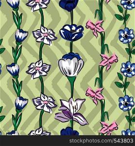 Seamless vector art composition of wild flowers symmetrical wallpaper on olive abstract geometric zig zag background