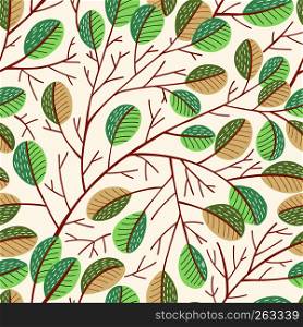 Seamless vector background pattern with spring tree branch and leaves in bright color. Floral colorful design for textiles, wrapping paper, wallpaper, clothes, interior, curtains, packaging.