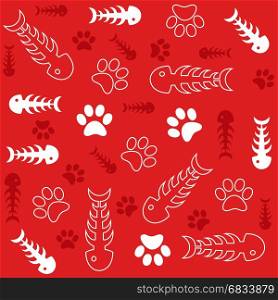 Seamless vector background with fish bones and cat's paws on red