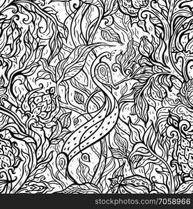 Seamless vector background with oriental pattern. Beautiful peacock. Exotic bird. Paisley flowers, hand drawn detailed illustration, Paradise Bird inmagic garden.. Paradise Bird in magic garden. Hand drawn seamless pattern.