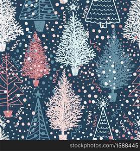 Seamless Vector Christmas pattern with Christmas abstract trees and snow on blue.. Seamless Vector Christmas pattern with Christmas abstract trees and snow on blue. Vector illustration perfect for greeting card backgrounds, giftwrapping, packaging or fabrics.