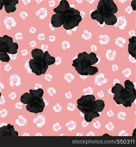 Seamless vector composition black roses on the pink flowers background. Trendy botanical pattern