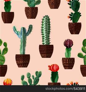 Seamless vector composition of cactus in pots. Trendy pattern home wallpaper. Beige background