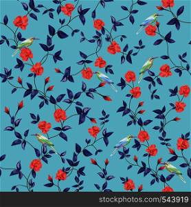 Seamless vector composition of rose flowers and birds with intersect branches of leaves. Floral pattern wallpaper on a blue background