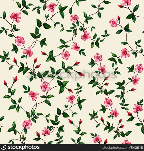 Seamless vector composition of rose flowers with intersect branches of leaves. Floral pattern wallpaper on a beige background