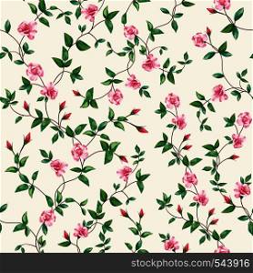 Seamless vector composition of rose flowers with intersect branches of leaves. Floral pattern wallpaper on a beige background