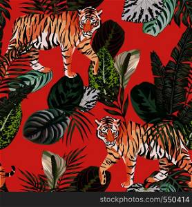 Seamless vector composition realistic tiger in the tropical jungle on the trendy living coral background