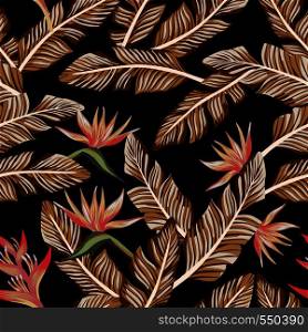 Seamless vector composition tropical banana leaves and flowers bird of paradise (strelizia) black background