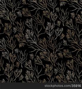 Seamless vector floral gold bright pattern on dark black background. Decorative flower backdrop for fabric, textile, wrapping paper, card, invitation, wallpaper, web design