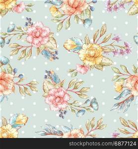 Seamless vector floral pattern, shabby chic background in pastel colors. Decorative backdrop for fabric, textile, wrapping paper, card, invitation, wallpaper, blog and web design