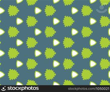 Seamless vector geometric pattern. Shaped yellow and white leaves and triangles on blue background.