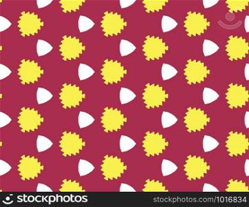 Seamless vector geometric pattern. Shaped yellow and white leaves and triangles on claret red background.