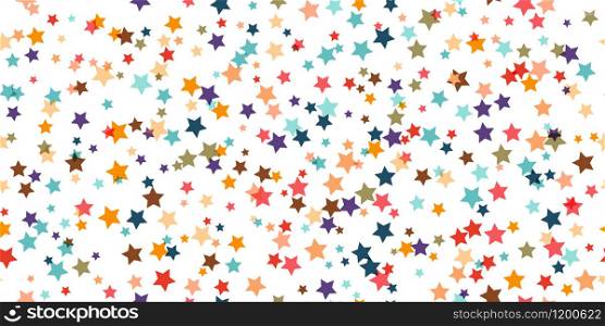 Seamless vector geometric stock pattern of colored stars of different sizes for textiles, packaging, paper printing, simple backgrounds and textures.