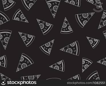 Seamless vector hand drawn pizza slices doodle on dark background