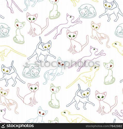 Seamless vector illustration with colorful cat contours over white background . Seamless vector illustration with colorful cat contours