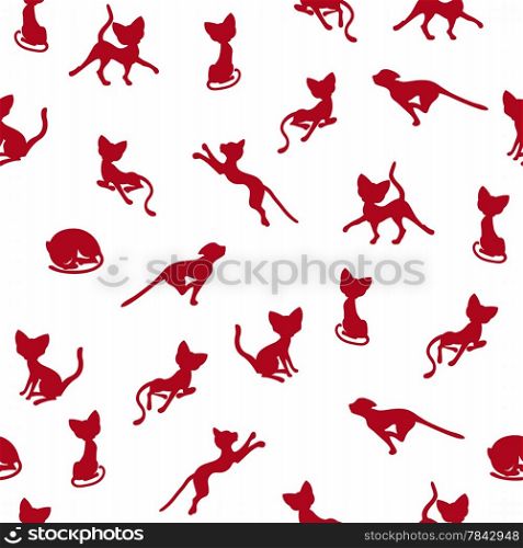 Seamless vector illustration with dark red cat silhouettes over white background . Seamless vector illustration with cat silhouettes