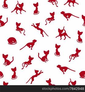 Seamless vector illustration with dark red cat silhouettes over white background . Seamless vector illustration with cat silhouettes