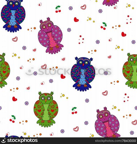 Seamless vector illustration with different multicolor stylized owls. Seamless vector illustration with different stylized owls