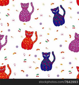 Seamless vector illustration with various multicolor stylized cats. Seamless vector illustration with various stylized cats