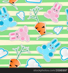 Seamless vector kid pattern with bunnies, clouds, carrots