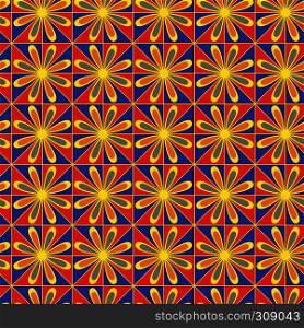 Seamless vector ornate pattern in blue, orange and yellow colors with flowers as a fabric texture