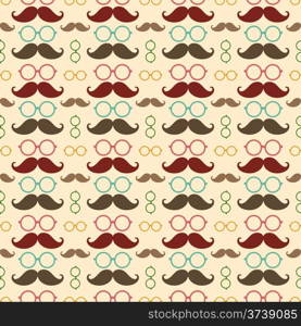 Seamless vector pattern, background or texture with colorful glasses and curly vintage retro gentleman mustaches. For hipster websites, desktop wallpaper, blog, web design.