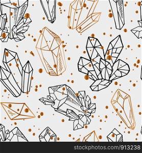 Seamless vector pattern - black and golden outline crystals or gems, on white background, endless texture with gemstones, stars, diamonds, hand drawn or doodle illustration. New Crystals Set
