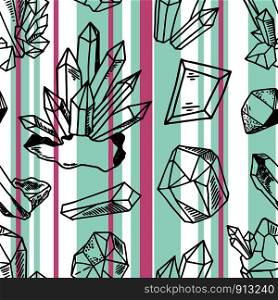 Seamless vector pattern - black outline crystals or gems, quartz and blue and pink stripes on white, endless texture with gemstones, diamonds, hand drawn or doodle . New Crystals Set