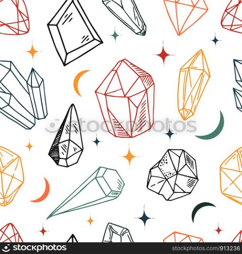 Seamless vector pattern - colorful crystals or gems, on white background, endless texture with gemstones, stars, diamonds, hand drawn or doodle illustration. New Crystals Set