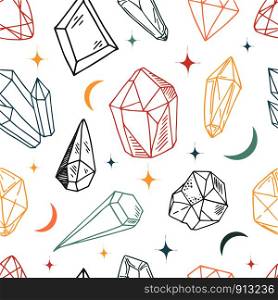 Seamless vector pattern - colorful crystals or gems, on white background, endless texture with gemstones, stars, diamonds, hand drawn or doodle illustration. New Crystals Set