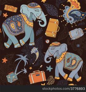 Seamless Vector pattern. Elephant. Hand Drawn Travel Wallpaper