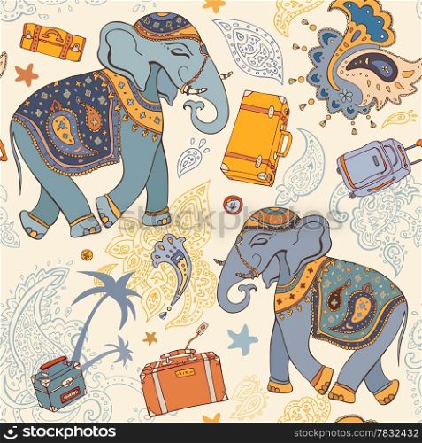 Seamless Vector pattern. Elephant. Travel Wallpaper background