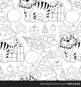 Seamless vector pattern for year of the tiger 2022. Tiger, Christmas tree, gifts, Christmas tree decorations. Can be used for fabric, Coloring and etc. Seamless vector pattern for year of the tiger 2022. Coloring Pattern in hand draw style