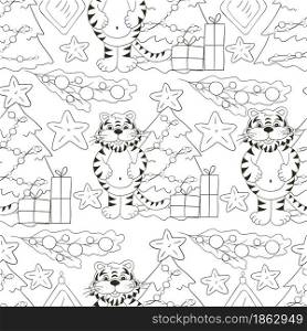 Seamless vector pattern for year of the tiger 2022. Tiger, Christmas tree, gifts, Christmas tree decorations. Can be used for fabric, Coloring, paper and etc. Seamless vector pattern for year of the tiger 2022. Coloring Pattern in hand draw style