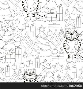 Seamless vector pattern for year of the tiger 2022. Tiger, Christmas tree, gifts, Christmas tree decorations. Can be used for fabric, Coloring, paper. Seamless vector pattern for year of the tiger 2022. Coloring Pattern in hand draw style