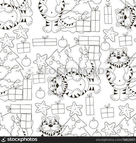 Seamless vector pattern for year of the tiger 2022. Tiger, Christmas tree, gifts, Christmas tree decorations. Can be used for fabric, Coloring, wrapping and etc. Seamless vector pattern for year of the tiger 2022. Coloring Pattern in hand draw style