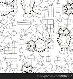 Seamless vector pattern for year of the tiger 2022. Tiger, Christmas tree, gifts, Christmas tree decorations. Can be used for fabric, Coloring, wrapping and etc. Seamless vector pattern for year of the tiger 2022. Coloring Pattern in hand draw style