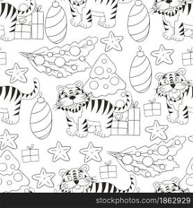 Seamless vector pattern for year of the tiger 2022. Coloring Pattern in hand draw style. Tiger, Christmas tree, gifts, Christmas decorations. Seamless vector pattern for year of the tiger 2022. Coloring Pattern in hand draw style