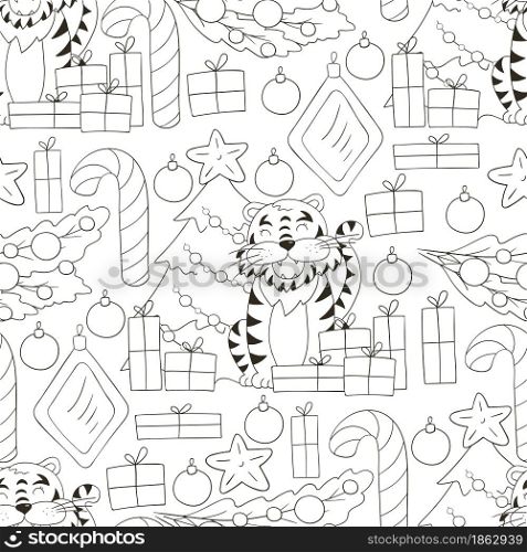 Seamless vector pattern for year of the tiger 2022. Pattern. Tiger, Christmas tree, gifts, candy cane. Can be used for fabric, Coloring, textile and etc. Seamless vector pattern for year of the tiger 2022. Coloring Pattern in hand draw style