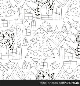 Seamless vector pattern for year of the tiger 2022. Pattern. Tiger, Christmas tree, gifts, candy cane. Can be used for fabric, Coloring, wrapping paper and etc. Seamless vector pattern for year of the tiger 2022. Coloring Pattern in hand draw style